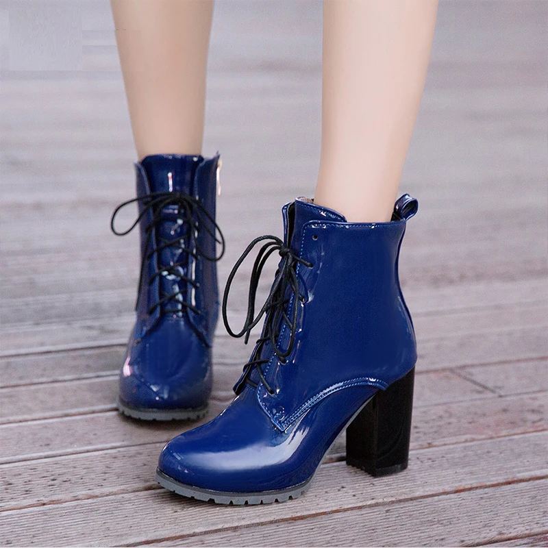 Leather Boots For Women Lace up High Heels Shoes Spring Autumn Black Footwear Female Ankle Boots