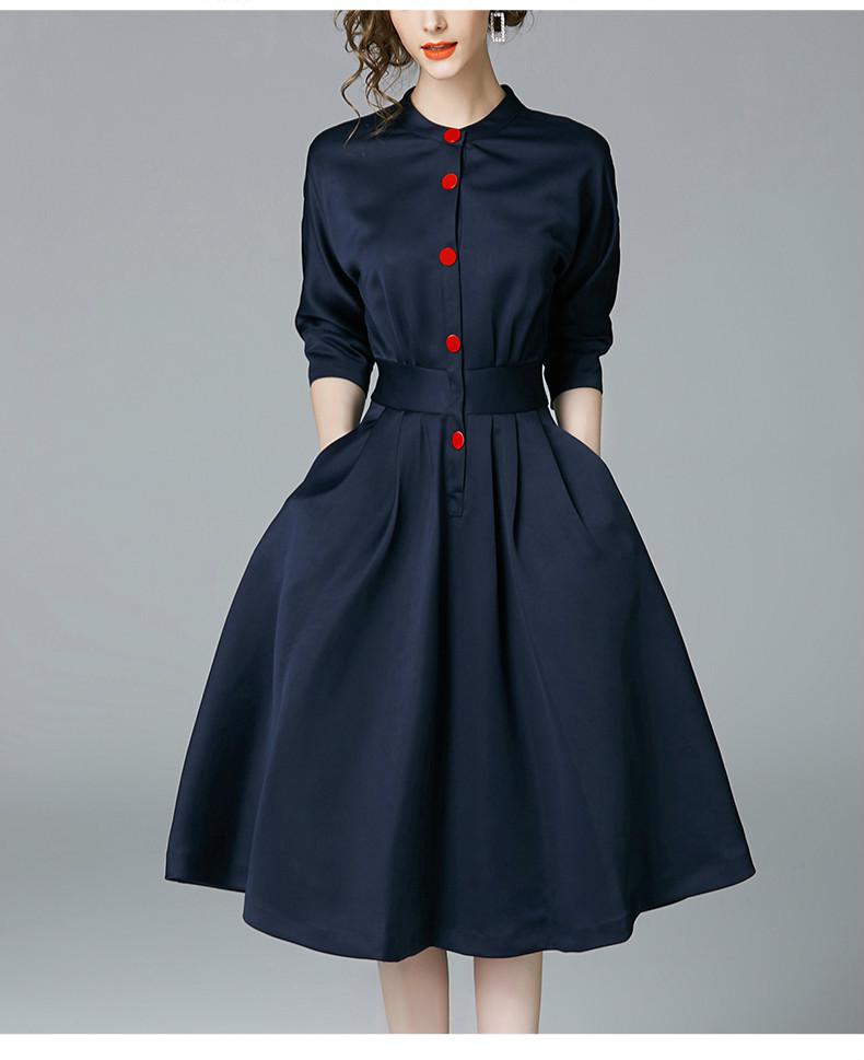 Spring Autumn Vintage Dresses Women Slim 3/4 Sleeve A Line Office Wear Dress Elegant Work Business Dresses
