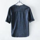 striped round collar t shirt men linen casual men t shirts