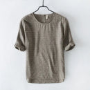 striped round collar t shirt men linen casual men t shirts