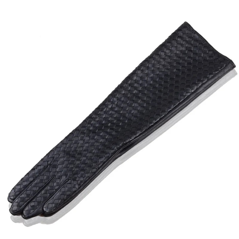 Women Winter Genuine Leather Thin Gloves Female Plaid Knitted Evening Show