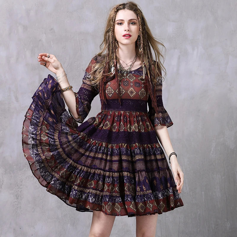 Summer Dress  Boho Short Sleeve High Waist O-Neck A-line Floral Women Dresses