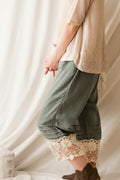 Women Girl Sweet Pants Lace Floral Layer Embroidered Pocket Button Female Pants