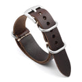 Brown leather watch strap with silver buckle on a white background, Obroi