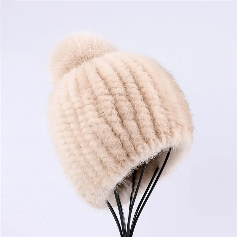 Fur hat women winter knitted beanie Girls cap with fox female cap Elastic