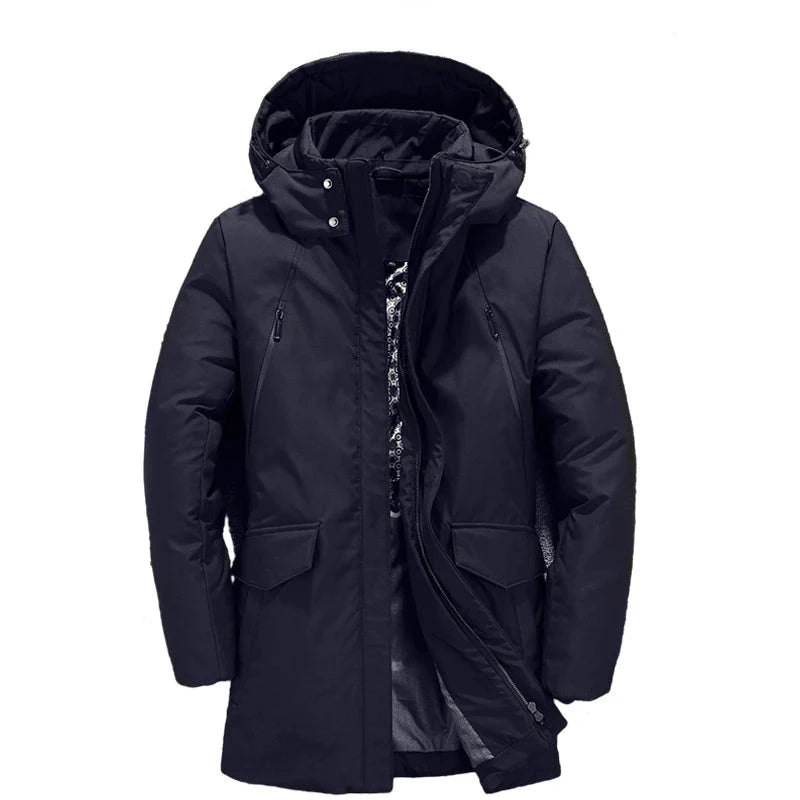 Men down jackets long thicken solid hooded hat detached male overcoat -30 degrees warm father