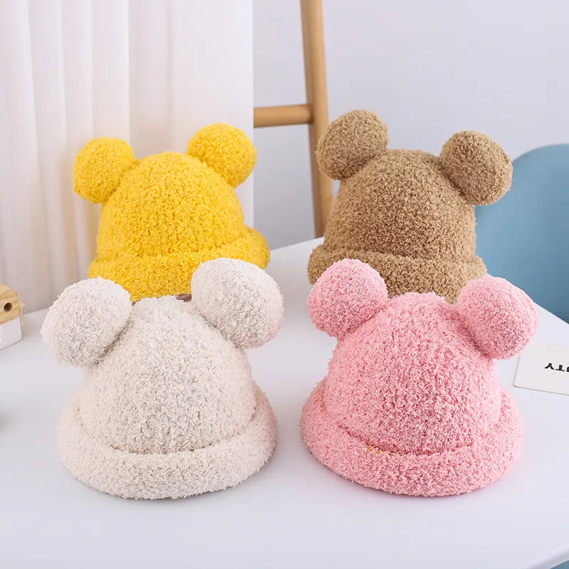 Winter Baby Lovely Hat Cute Solid Color Fuzzy Double Pompom Hats For Kids Thick Warm Soft Beanie Fur Ball Girls Boy Cap