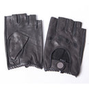 Pair of black leather gloves with fingerless design on a white background, Obroi