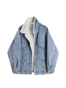 Women Lamb Wool Jean Jacket Vintage Single Breasted Fleece Denim Coat Winter Casual Warm Thickened Jackets