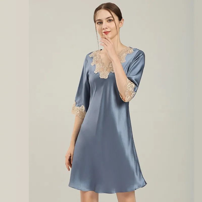 Silk half sleeve Mini above knee loose nightgowns girl summer lace pyjamas for women