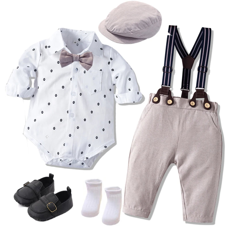 Autumn&Spring Baby Clothes Boys Set Gentleman Dress Romper Hat Shoes Children Wedding Suit Toddler Kids Birthday Costume