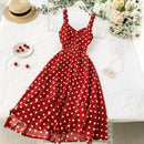 Women Vintage Dot Dress Summer Sleeveless Spaghetti Red A-line Dresses Ladies Beach Long Robe