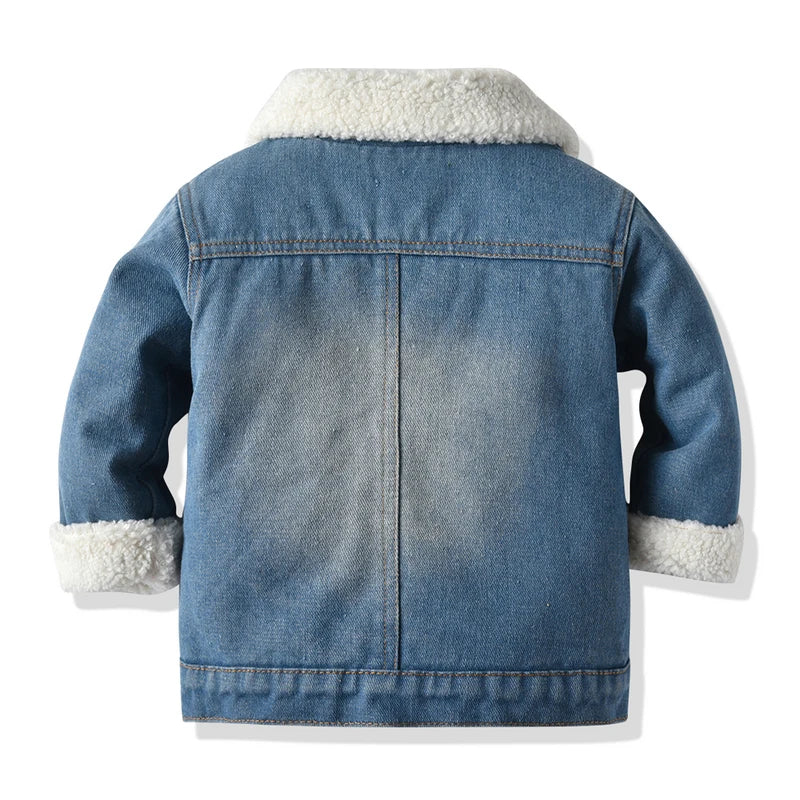 Winter Toddler Baby Boys Girls Denim Warm Jacket Kids Fleece Thicken Lapel Coat Tops Children Flannel Outerwear