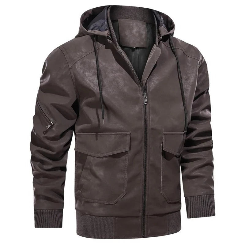 Men Hooded Motorcycle Jackets Casual Winter Windproof Leather Coat Male Clothing