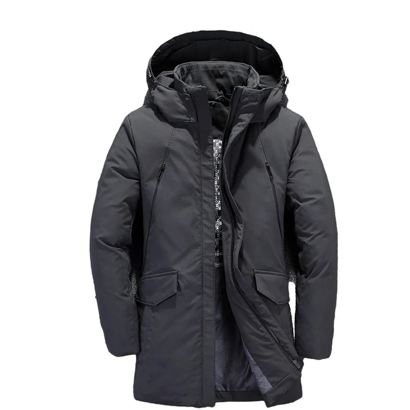 Men down jackets long thicken solid hooded hat detached male overcoat -30 degrees warm father