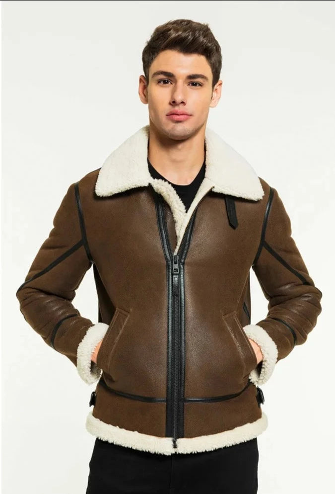 Mens Brown Shearling Jacket Bomber Jacket Short Fur Coat Mens Winter Coats