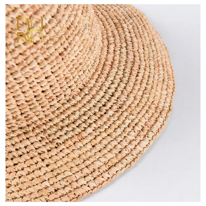 Handmade Ladies Crochet Natural Raffia Straw Bucket Hat For Spring Summer Beach Floppy Caps