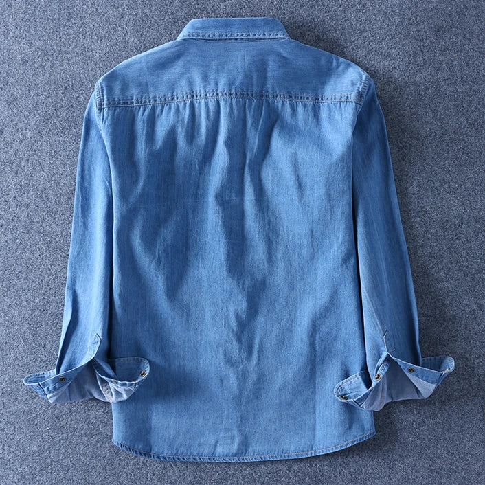 Men Denim Shirt Thin Long Sleeve Soft Cotton Double Pockets Slim Slight Elastic Jeans Blue Tops Cowboy Clothing