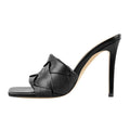 Women's Square Toe Black Thin High Heels Slip On Sandals