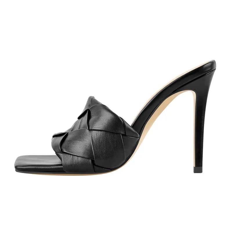 Women's Square Toe Black Thin High Heels Slip On Sandals