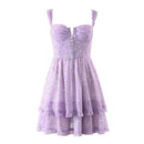 Spring French Vintage Sweet Sexy Floral Print Folds Ruffle Holiday Style Strap Dress For Women