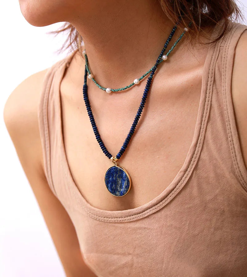 Simple Women Lapis Pendant Necklaces Chokers Chain Necklace Designer Seed Beads Jewelry