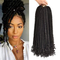Black synthetic dreadlock hair extensions shown both worn on a model and held up by a hand against a white background, Obroi