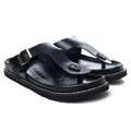 Pair of black sandals with gold buckles on a white background, Obroi
