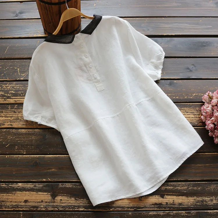 Women Casual Linen Short Sleeve Shirt Organza Patchwork Turndown Collar Blouse
