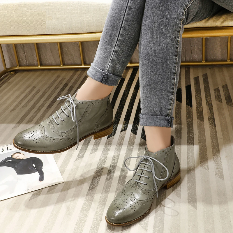 Women Genuine Leather Brogue Boots and Booties Oxford Shoes