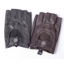 Pair of black leather gloves with fingerless design on a white background, Obroi
