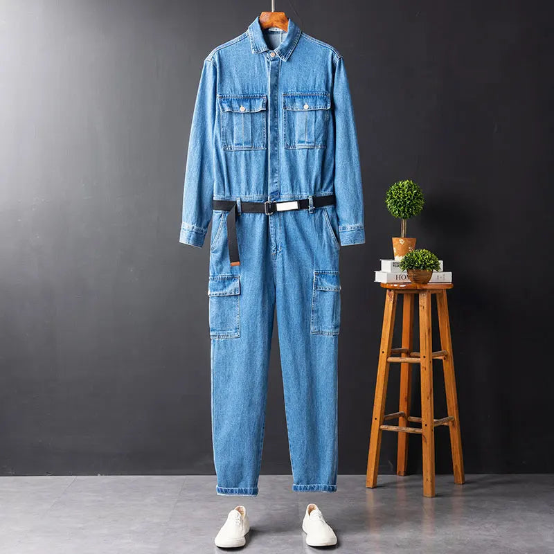 Spring Jeans Overalls Men Denim Jumpsuits Lapel Loose Street Pants