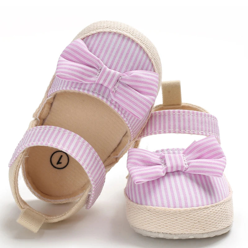 Summer Newborn Infant Baby Boys Girls Shoes Non-Slip Canvas Stripe Bowknot Toddlers Infantil Sandals