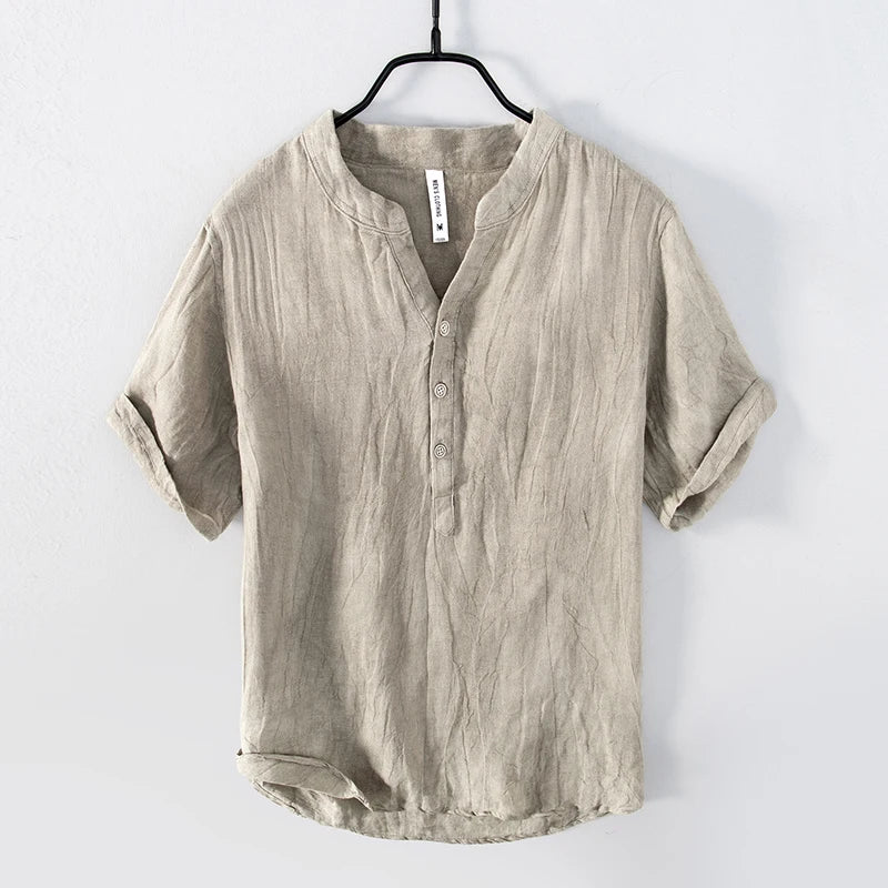 Retro Pure Linen Shirt Men Brand Short Sleeve Shirts For Men