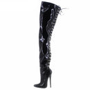 Black high-heeled boots with lace-up design on a white background, Obroi