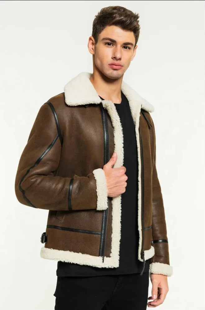 Mens Brown Shearling Jacket Bomber Jacket Short Fur Coat Mens Winter Coats