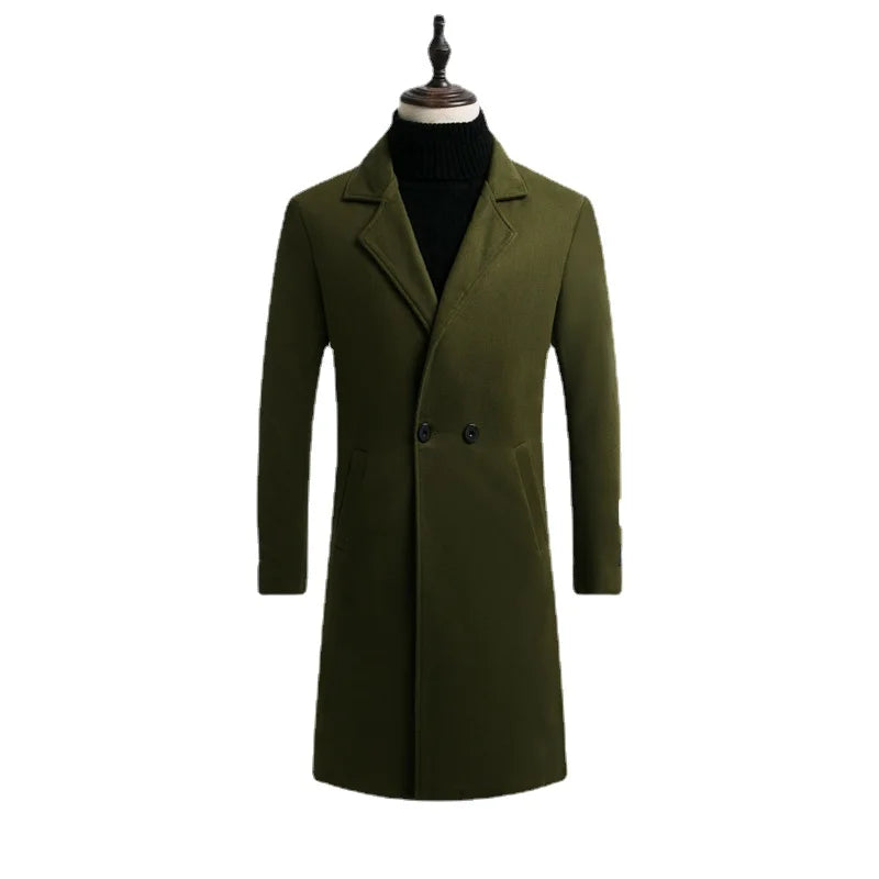Autumn Winter Men's Woolen Coat Wool Warm Stand Collar Long Sleeve Trench Jacket