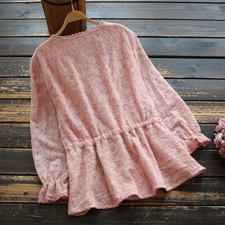 Spring Women Blouse Style Literary Solid Ruffle Sleeves Lace Shirt Women Tops