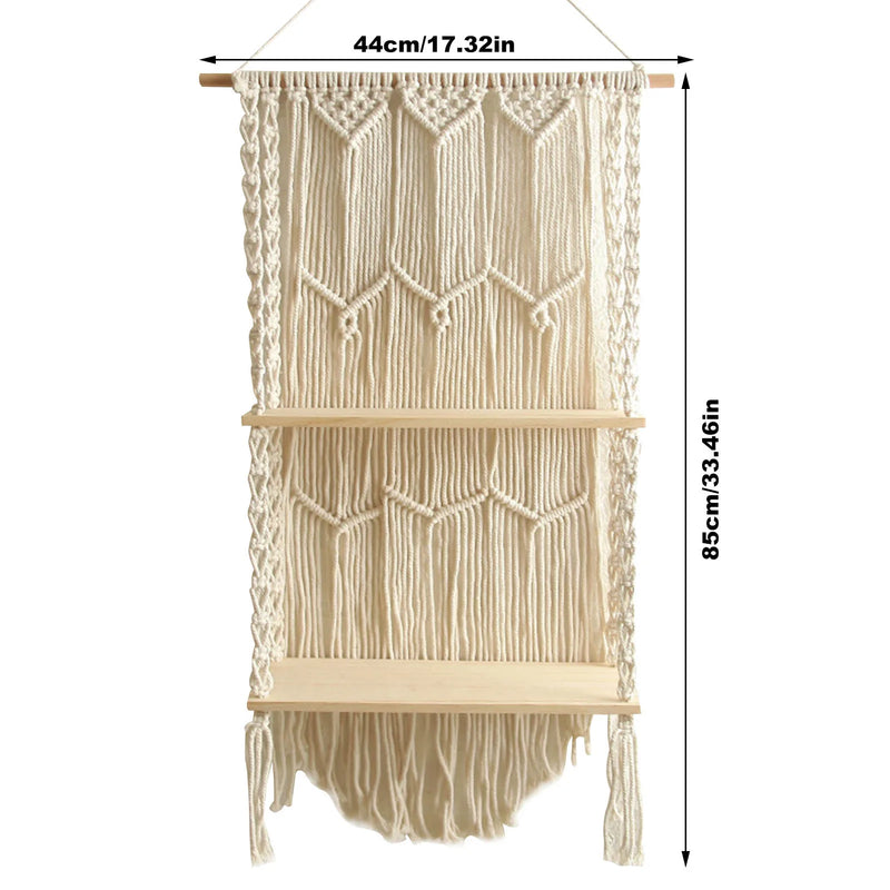 Hand-Woven Macrame Tapestry Rack Wooden 2 Shelves Wall Hanging For Bohemian Decoration Boho Decor Ornament