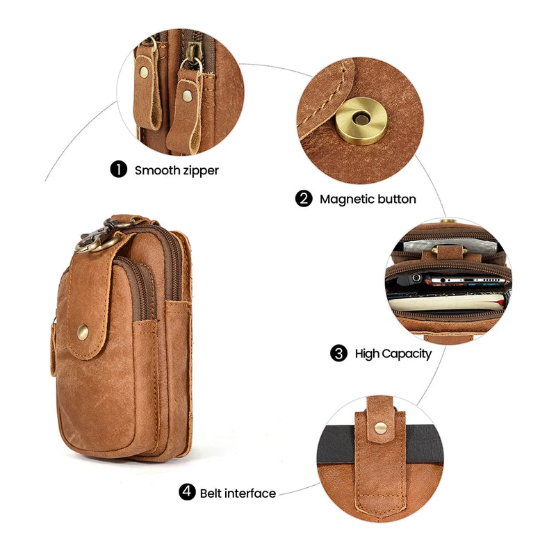 Genuine Leather Waist Bag Fanny Pack Cell Phone Key Case Vintage Bum Belt Bag Hook Waist Pack