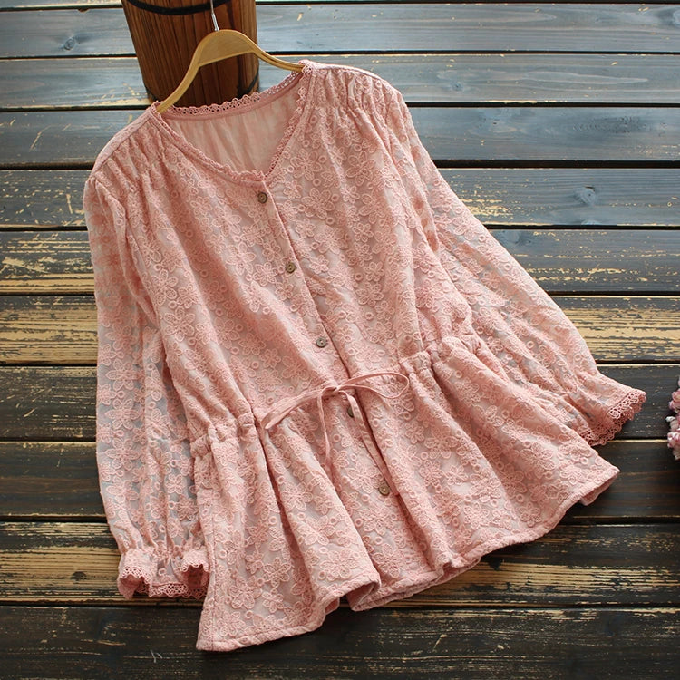 Spring Women Blouse Style Literary Solid Ruffle Sleeves Lace Shirt Women Tops