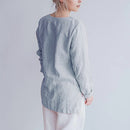 Linen V-Neck Shirt Autumn Women Basic Style Literary Simple T-Shirt Casual Loose Bottoming Shirts