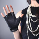 Real Leather Half Fingers Gloves Black Silver Square Buckle Ultra-Thin Pure Fingerless Mittens
