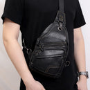 Genuine Leather Men's Shoulder Bag Chest Bag Vintage Casual Sling Bags for Men  Male Chest Pack with with Earphone Hole