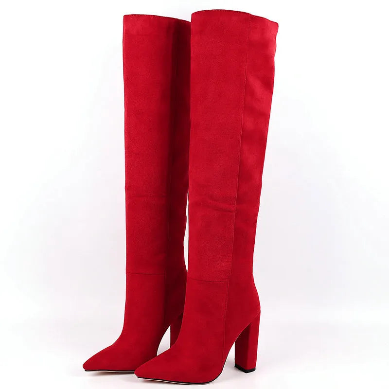 Women Boots Flock Leather Knee High Boots Slip On Autumn Winter Boots Shoes