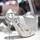 Bride Silver Metal Leaves Decor Pumps Women Shoes Pointed Toe Banquet Dress Shoes