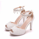 Women Lace Platform Sandals High Heels Waterproof Female White Wedding Shoes Pointed Toe Peep