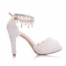 Women Lace Platform Sandals High Heels Waterproof Female White Wedding Shoes Pointed Toe Peep