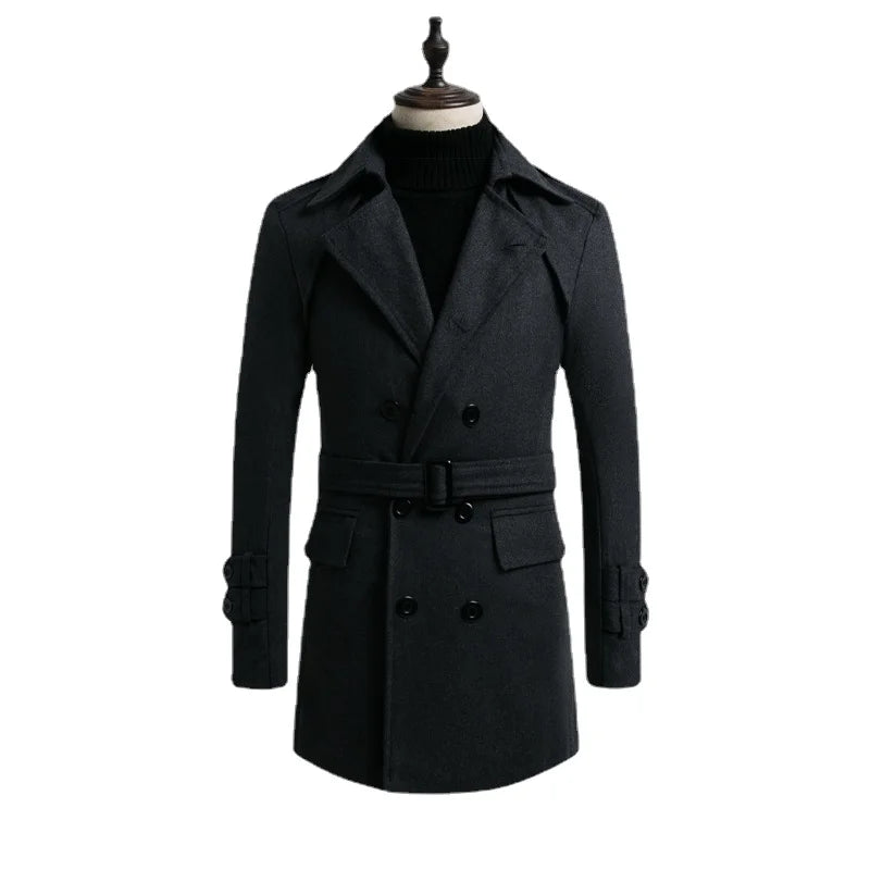 Winter Men's double-breasted Middle Long Scarf Collar Cotton-padded Thick Warm Woolen Coat Male Trench