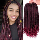 A split image showing a woman wearing long dark burgundy dreadlocks with gold accents on the left, and a hand holding a bundle of matching curly dreadlock hair extensions on the right, Obroi